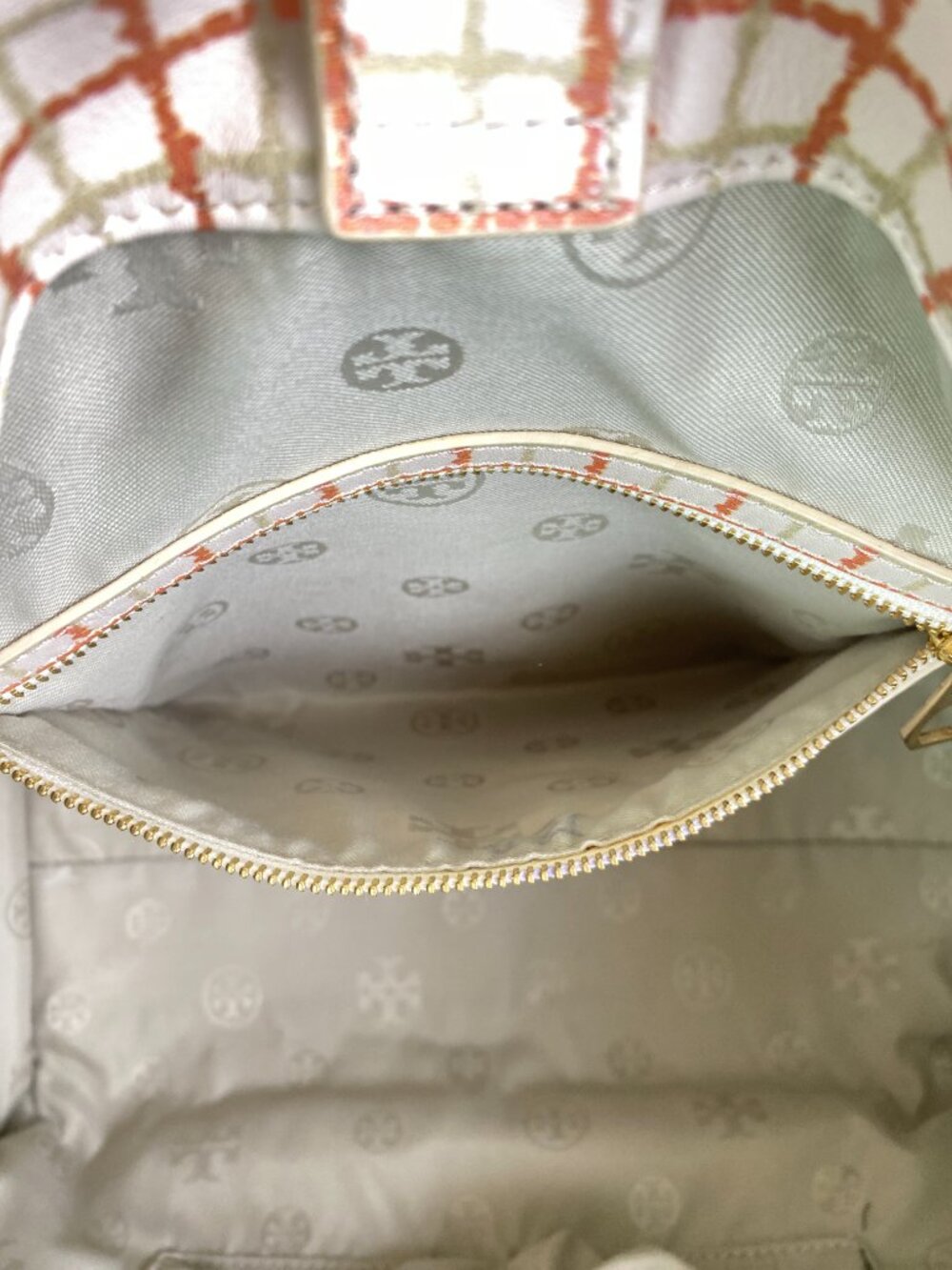 Tory Burch Priscilla Grid Satchel Ivory Orange Leather Top Handle 🌼 Arden - Picture 9 of 17